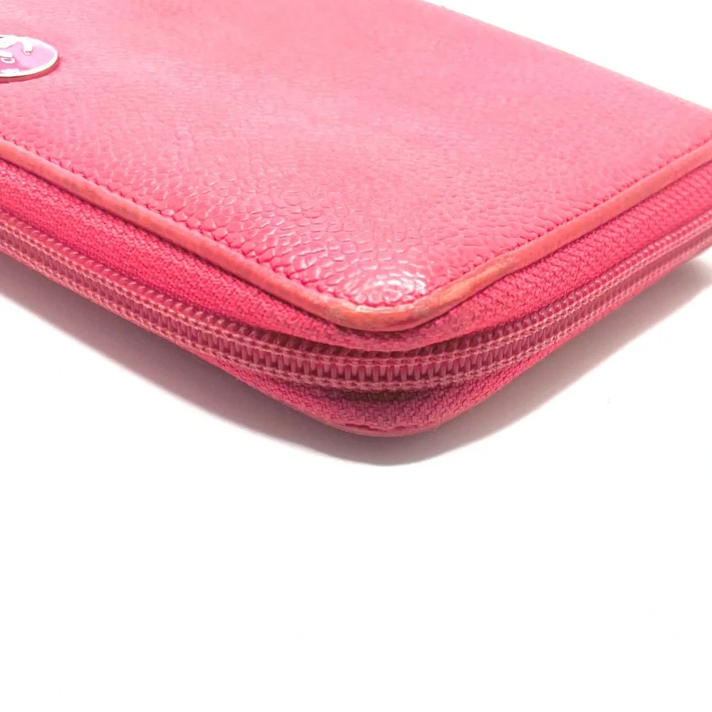 Authentic CHANEL CC Pink Pebbled Leather Zip Around Long Wallet W/ Chanel Card